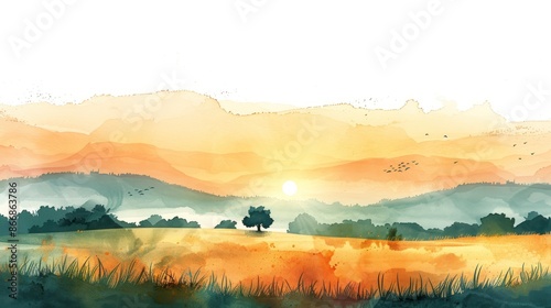 Beautiful watercolor painting of a serene sunrise over a misty landscape with distant hills and fields, creating a peaceful and calming scene. #866863786