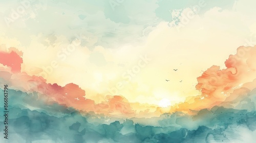 Beautiful watercolor landscape with colorful sky at sunrise. Gentle clouds blend into the horizon, creating a peaceful and calm scenery.
