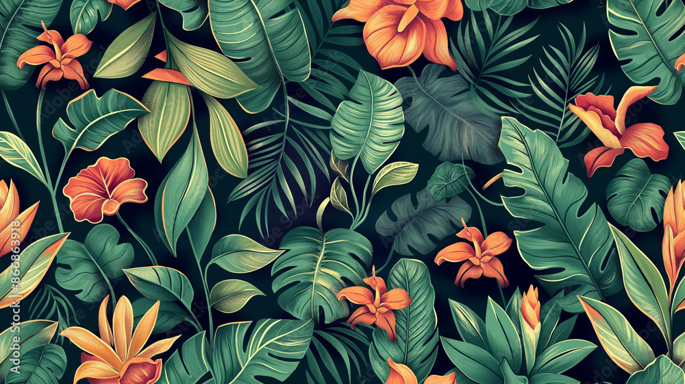 A lush green jungle with many flowers and leaves A lush green jungle with many flowers and leaves