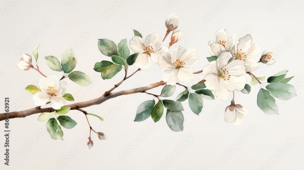 Obraz premium Delicate watercolor painting of a blooming flower branch with white petals and green leaves on a light background, evoking tranquility and nature.