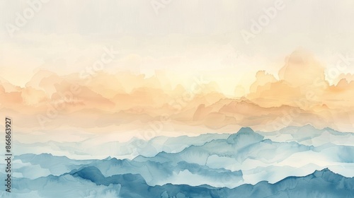 Serene watercolor landscape with abstract mountains and a soft sunrise sky, perfect for backgrounds and nature-themed designs.