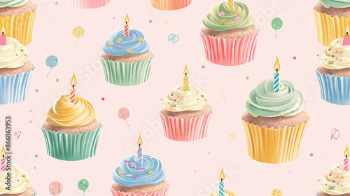 A row of cupcakes with candles on top, each with a different color frosting