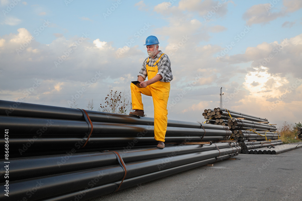 Worker with tablet in hands and heap of insulated pipes for natural gas Worker with tablet in hands and heap of insulated pipes for natural gas