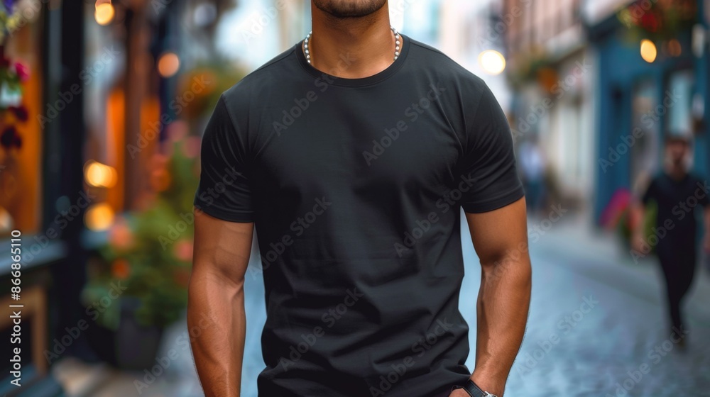 A man in a black shirt standing on the street. AI. A man in a black shirt standing on the street. AI.
