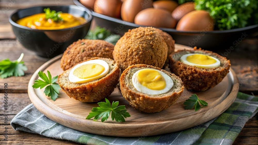 Fototapeta premium Scotch Eggs with Mustard Dipping Sauce - A Crispy and Flavorful Delight