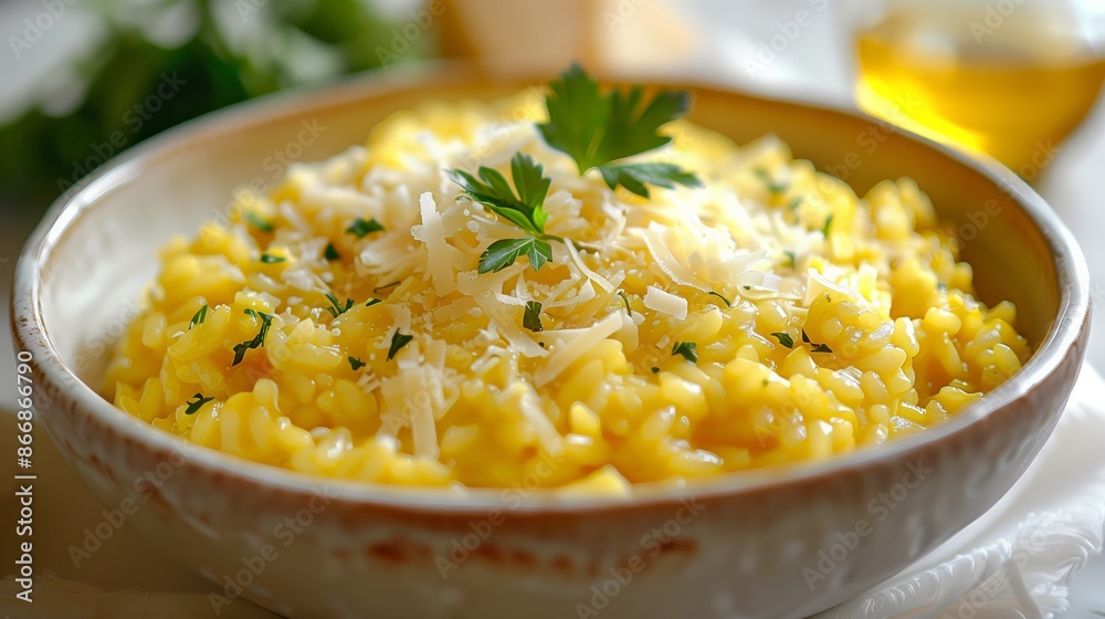 Close-Up of Creamy Saffron Risotto with Parmesan and Parsley Close-Up of Creamy Saffron Risotto with Parmesan and Parsley