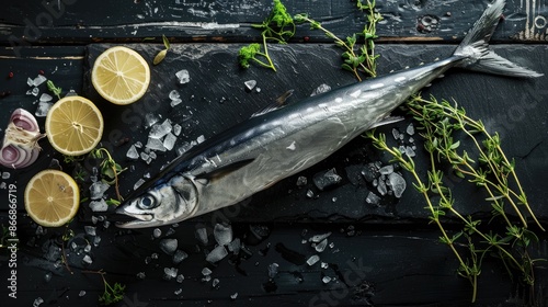 Fresh Seer or King Mackerel fish on black tile white wooden table background