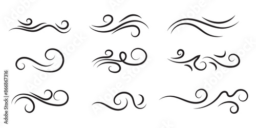 Doodle wind line sketch set. Hand drawn doodle wind motion, air blow, swirl elements. Sketch drawn air blow motion, smoke flow art, abstract line. Isolated on white background . vector illustration.