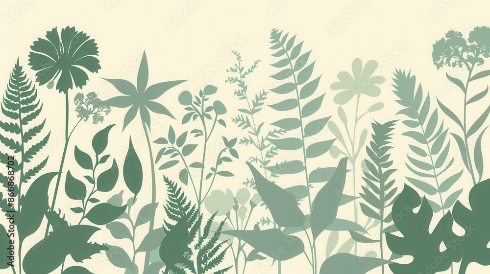 A modern, eco-friendly design featuring silhouettes of various leaves and flowers on a cream background. Generative AI A modern, eco-friendly design featuring silhouettes of various leaves and flowers on a cream background. Generative AI