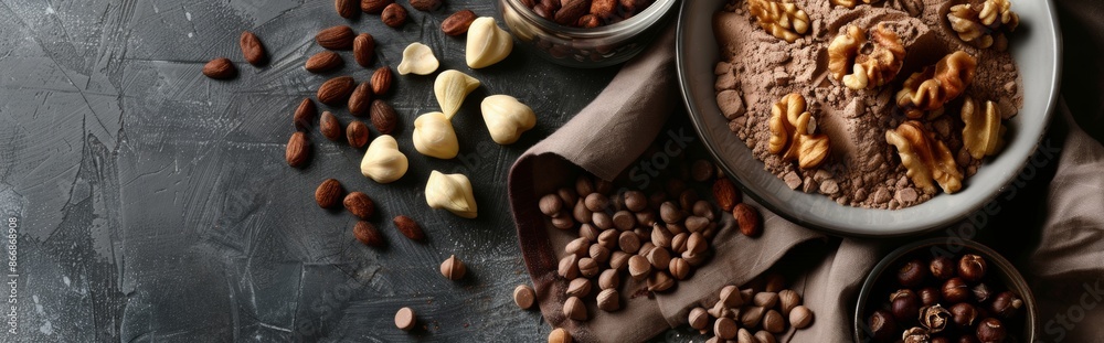 Assorted nuts, cocoa powder, and chocolate chips on dark background