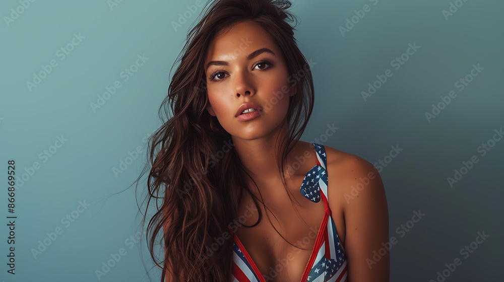 American Flag Bikini Woman in red white and blue Swimwear, 4th of july, patriotic, memorial day, labor day, celebrating the USA American Flag Bikini Woman in red white and blue Swimwear, 4th of july, patriotic, memorial day, labor day, celebrating the USA