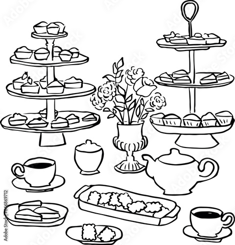Tea Time. Mesa de té dibujada a mano. Paisaje de mesa para invitación, papelería o branding. Ilustración para invitaciones. Candy bar. Mesa de postres.
