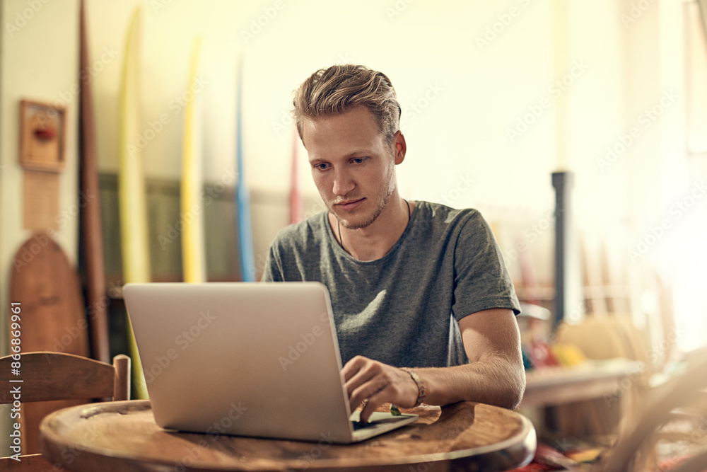 Home, thinking and man with laptop, student and research for project, decision and planning. Person, apartment and guy with pc, elearning and online reading for article, proposal and review results