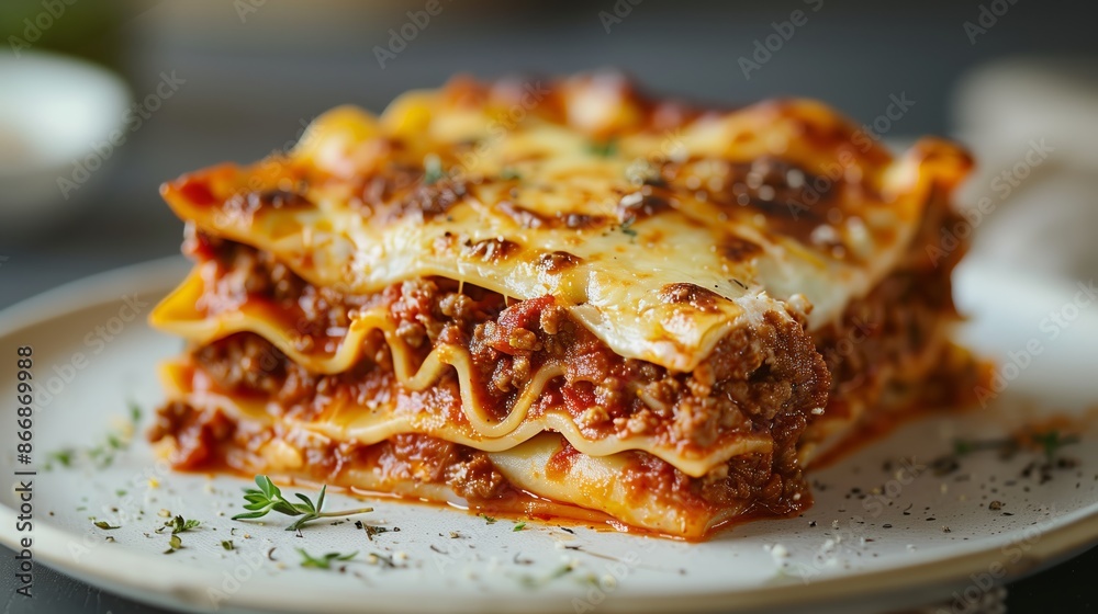 Close-Up of Hearty Lasagna Slice with Rich Meat Sauce and Melted Cheese Close-Up of Hearty Lasagna Slice with Rich Meat Sauce and Melted Cheese