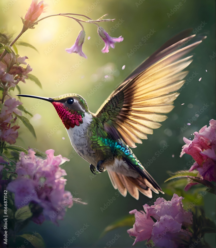 Naklejka premium beautiful green hummingbird flying around pink flowers against soft green background. close up. painting style Ai generated