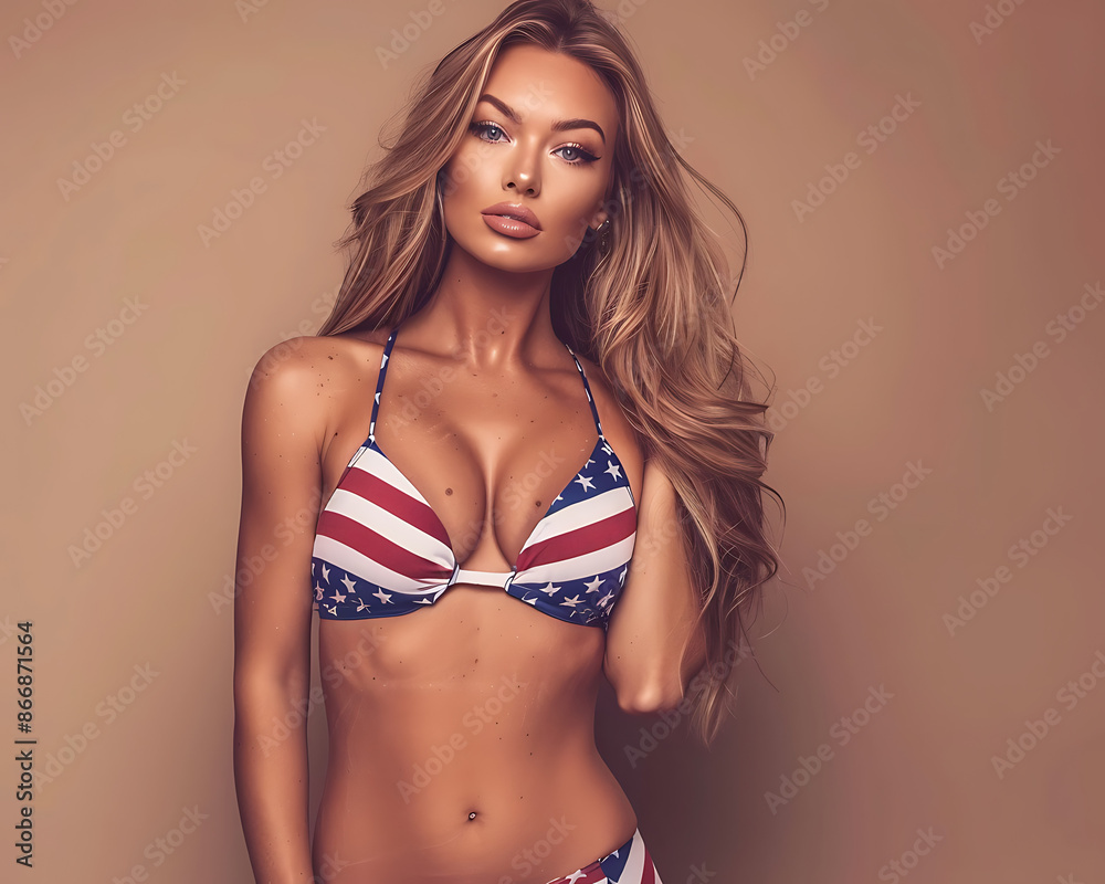 Fototapeta premium American Flag Bikini Woman in red white and blue Swimwear, 4th of july, patriotic, memorial day, labor day, celebrating the USA