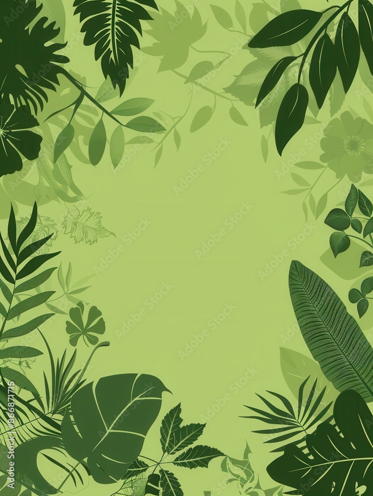 Fototapeta premium A digital illustration of various leaves and flowers, rendered in silhouette, against a green background. Ideal for eco-design and green stores. Generative AI