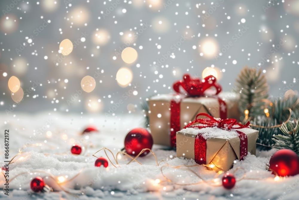 Festive Christmas Scene with Snow, Gift Boxes, Red Ornaments, and Twinkling Lights Festive Christmas Scene with Snow, Gift Boxes, Red Ornaments, and Twinkling Lights