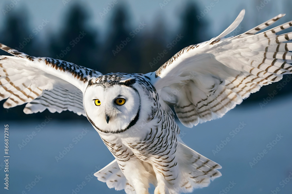 The snowy owl in flight, Bubo scandiacus, polar owl, white owl, Arctic owl, animals and wildlife background, wallpaper