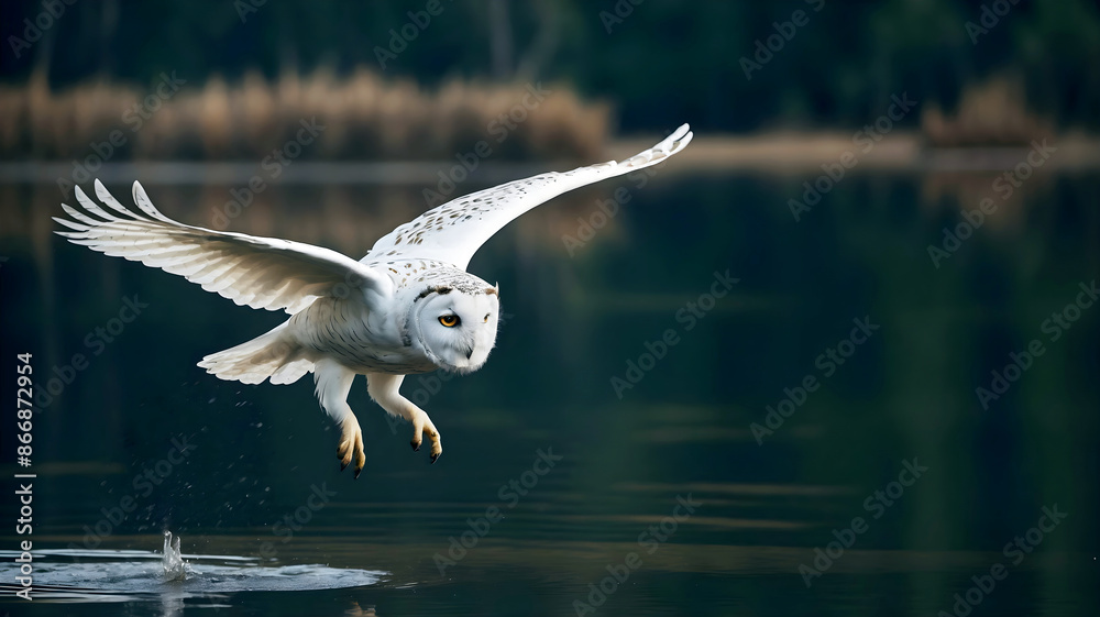 The snowy owl in flight, Bubo scandiacus, polar owl, white owl, Arctic owl, animals and wildlife background, wallpaper