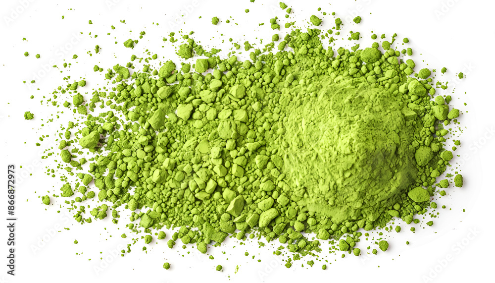 Pile of green matcha powder isolated on white, top view Pile of green matcha powder isolated on white, top view