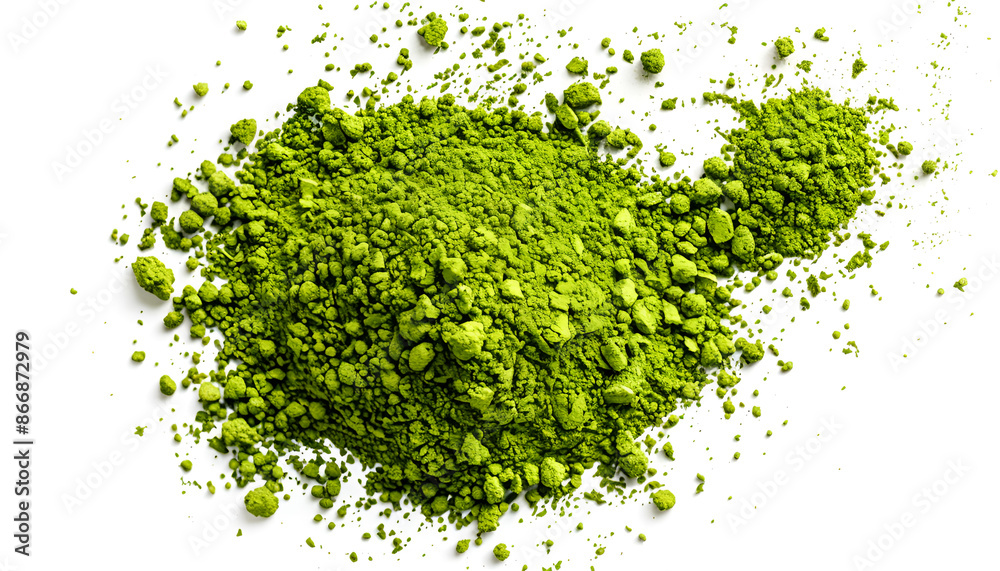 Pile of green matcha powder isolated on white, top view Pile of green matcha powder isolated on white, top view