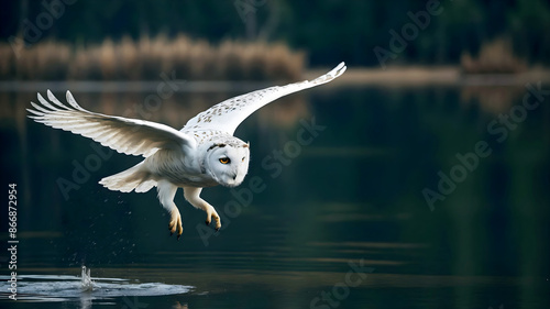 Obraz na płótnie The snowy owl in flight, Bubo scandiacus, polar owl, white owl, Arctic owl, animals and wildlife background, wallpaper w salonie