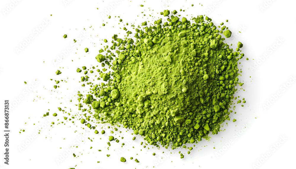 Pile of green matcha powder isolated on white, top view Pile of green matcha powder isolated on white, top view