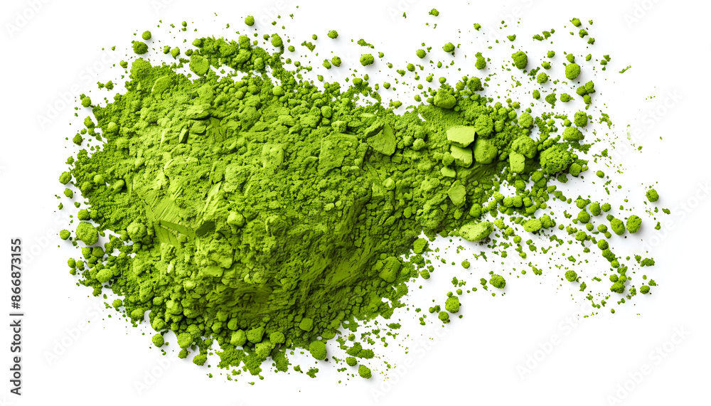 Pile of green matcha powder isolated on white, top view