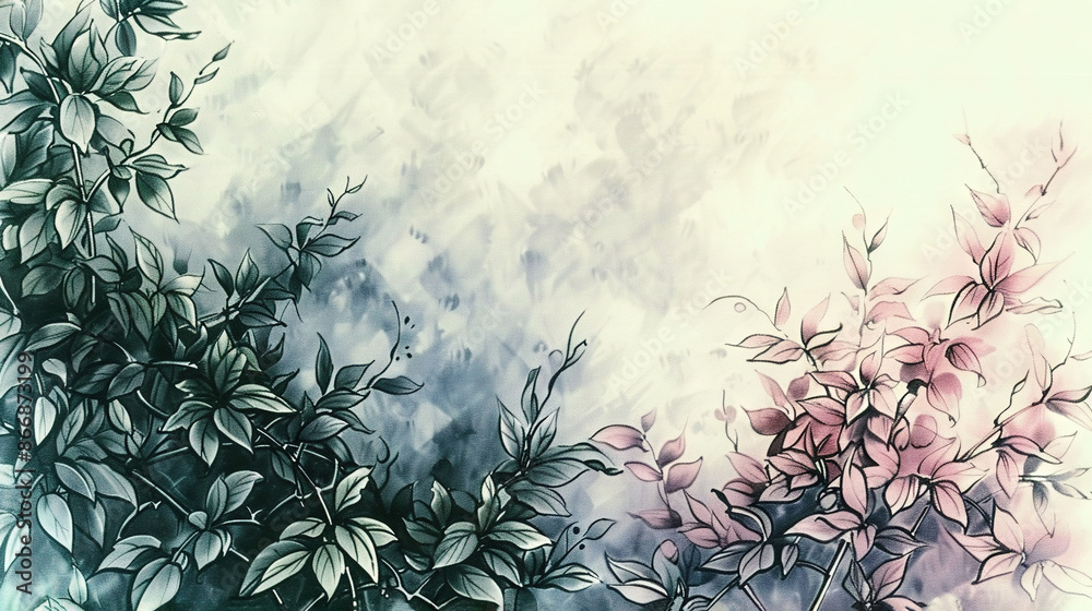 Pink flowers & leaves on white-gray bg, blue sky in backdrop Pink flowers & leaves on white-gray bg, blue sky in backdrop