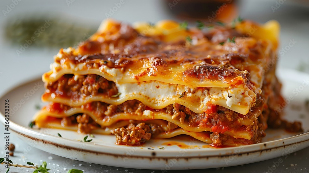 Close-Up of Hearty Lasagna Slice with Rich Meat Sauce and Melted Cheese Close-Up of Hearty Lasagna Slice with Rich Meat Sauce and Melted Cheese