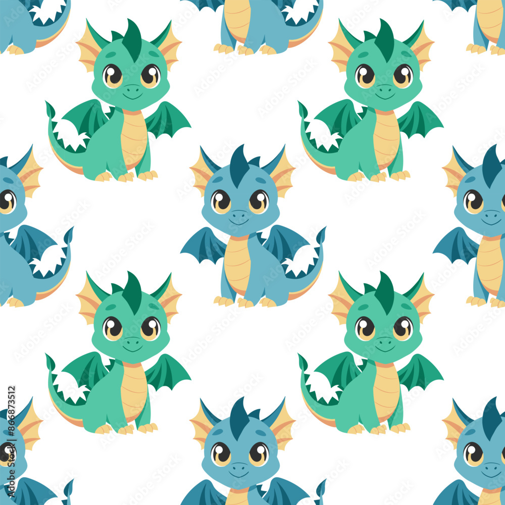 Naklejka premium Seamless pattern, cute colorful dragons on a white background. Cute cartoon dinosaurs. Design for textiles, print