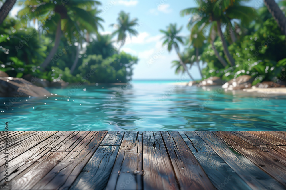 Fototapeta premium Wooden floor with blurred background of tropical swimming pool and palm trees in sunlight.