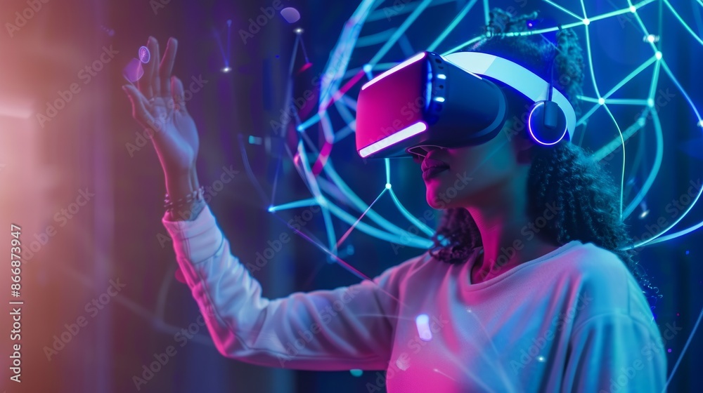 The woman is fully immersed in a cuttingedge virtual reality experience using advanced VR equipment The woman is fully immersed in a cuttingedge virtual reality experience using advanced VR equipment