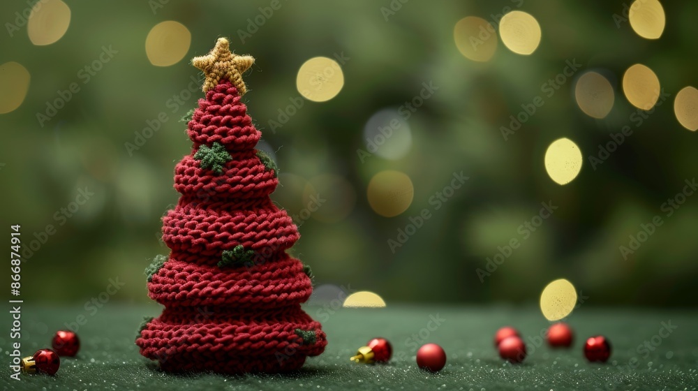 Knitted Christmas tree with golden star topper on green surface, festive decoration concept Knitted Christmas tree with golden star topper on green surface, festive decoration concept