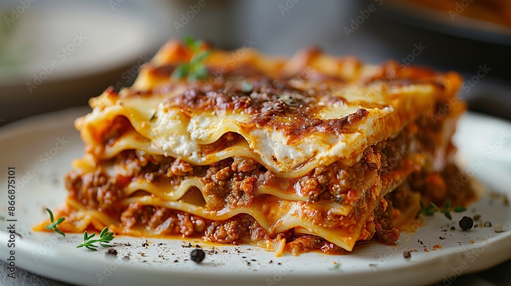 Close-Up of Hearty Lasagna Slice with Rich Meat Sauce and Melted Cheese Close-Up of Hearty Lasagna Slice with Rich Meat Sauce and Melted Cheese