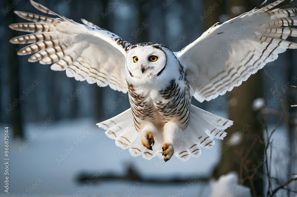 The snowy owl in flight, Bubo scandiacus, polar owl, white owl, Arctic owl, animals and wildlife background, wallpaper