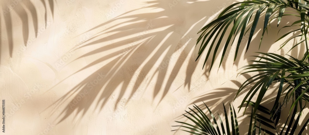Obraz premium Palm leaves casting shadows on a soft beige wall. Tropical beach summer scenery. Top-down perspective with empty space for text, ideal as a wallpaper.
