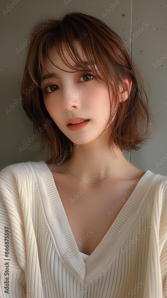 白のニットを着た可愛い女性 白のニットを着た可愛い女性