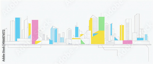 Clear and graphic depiction of a skyline consisting of dark lines and colored areas in an artistic architectural style