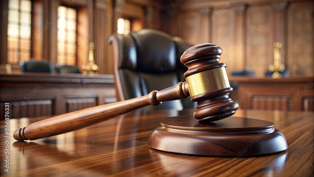 A wooden judge's gavel lies on a block in a courtroom against the background of an American flag. A wooden judge's gavel lies on a block in a courtroom against the background of an American flag.