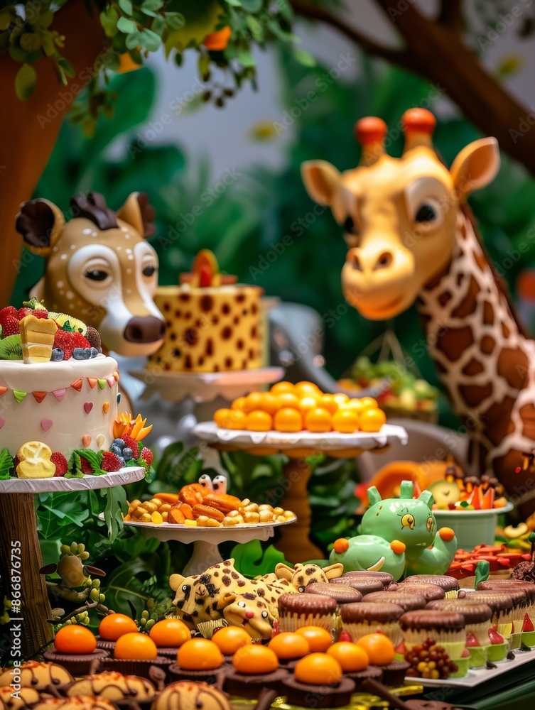Zoo-themed birthday partyanimal decorations and happy children cake celebration. Zoo-themed birthday partyanimal decorations and happy children cake celebration.