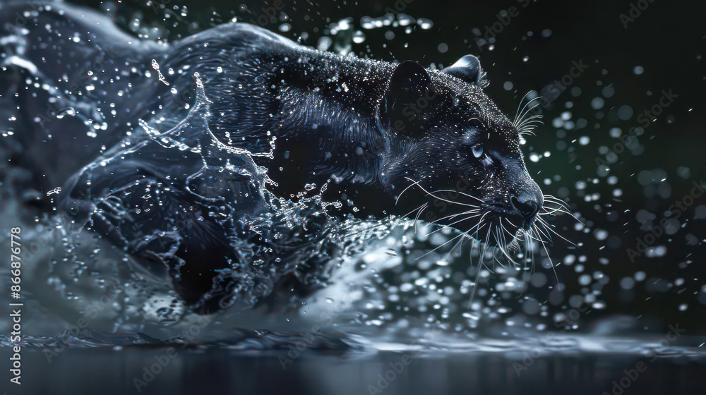 Obraz premium A black panther rushing through a black background and water.
