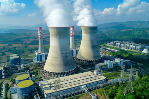 Wallpaper Mural Aerial view of three cooling towers at a power plant with smoke plumes rising. Torontodigital.ca