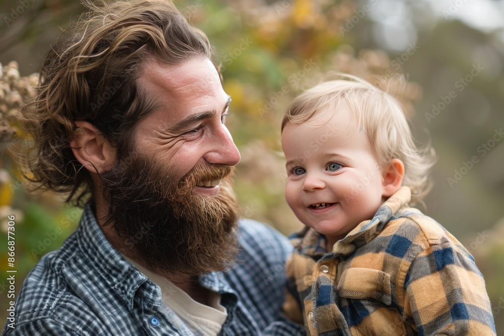 Father and Child are happily laughing together outdoors, wearing winter clothing, hats, and coats on a chilly day Father and Child are happily laughing together outdoors, wearing winter clothing, hats, and coats on a chilly day