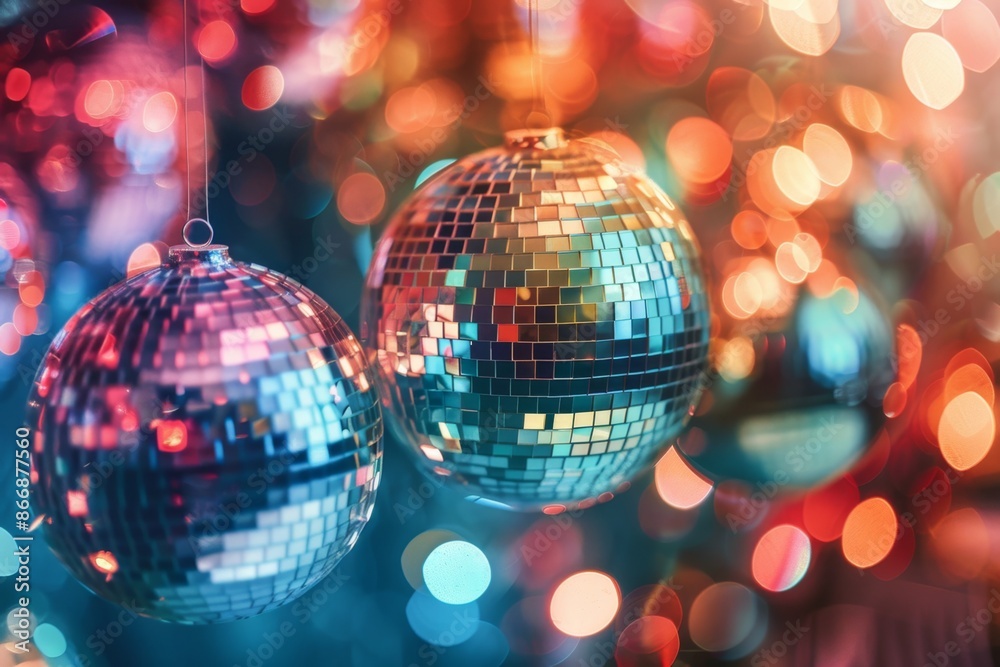 Fototapeta premium Festive Disco Balls Shining with Colorful Party Lights