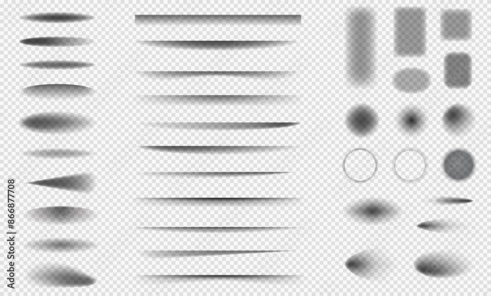 Set of realistic shadows with soft edges. Vector shadow effect on transparent background. Transparent shadows. Poster, banner, flyer.