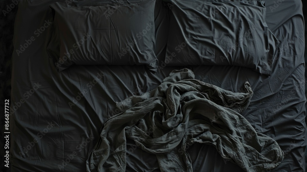 Unmade Bed with Disheveled Gray Bedding and Pillows Unmade Bed with Disheveled Gray Bedding and Pillows