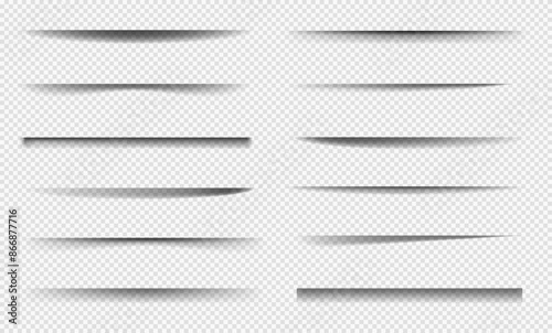 Set of realistic shade stripes with soft edges, mockup elements. Vector transparent shadows. Abstract panel or bar shadows.