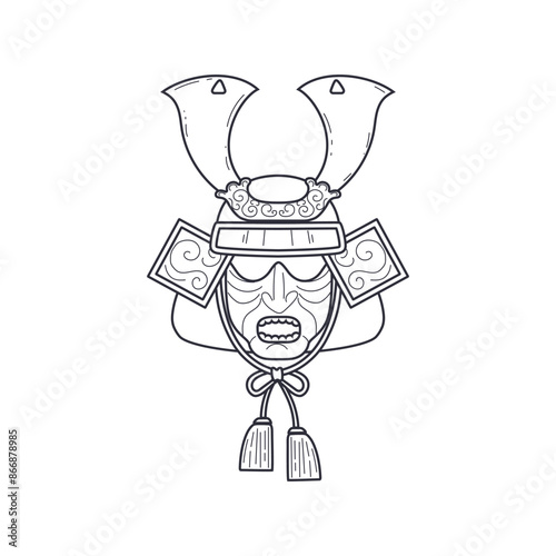 Vector sketch of a samurai warrior mask in flat style. photo
